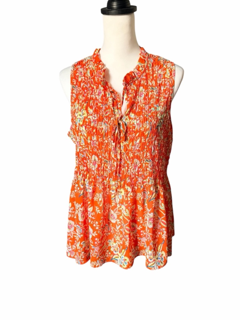 Cynthia Rowley Orange Floral Smocked Sleeveless Peplum Sleeveless Top Large